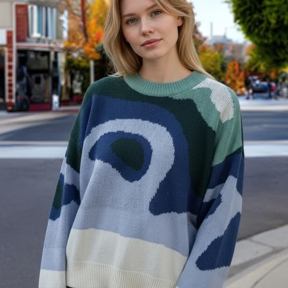 NEW SHEIN Blue and Green Abstract Sweater - Picture 1 of 3